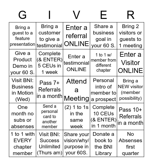BNI Giver's Bingo! Bingo Card