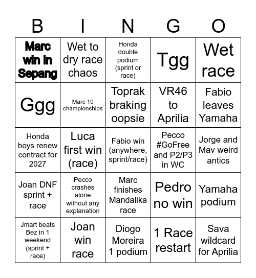 MotoGP Bingo Card