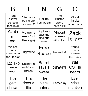 FF7 Part 3 Announcment Bingo Card