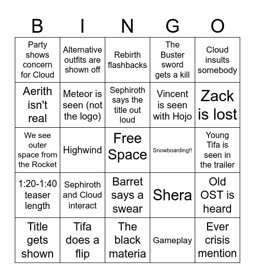 FF7 Part 3 Announcment Bingo Card