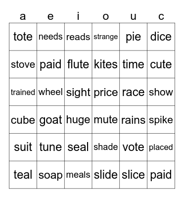Long Vowels Say their name! Bingo Card