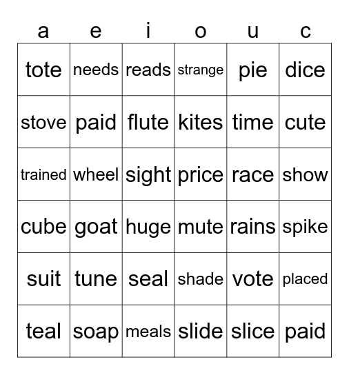Long Vowels Say their name! Bingo Card