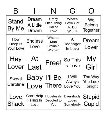 Valentine's Music Bingo Card