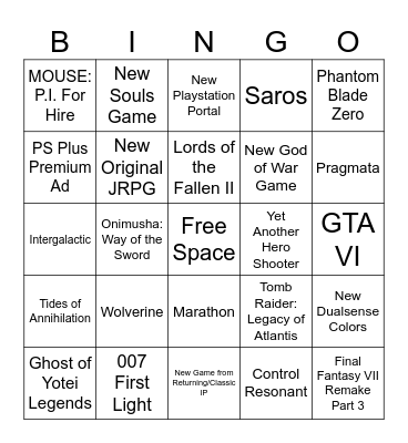 Sony State of Play 2025 Bingo Card