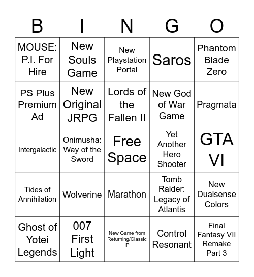 Sony State of Play 2025 Bingo Card