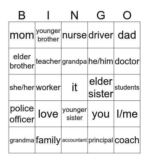 Family Members and Occupations Bingo Card