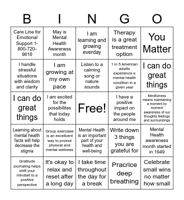 Mental Health Awareness Bingo Card
