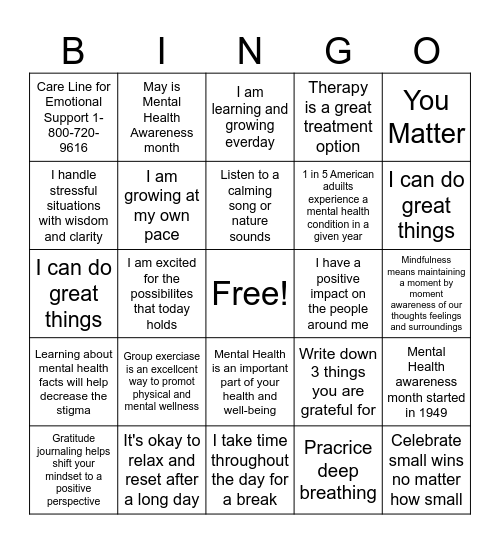 Mental Health Awareness Bingo Card