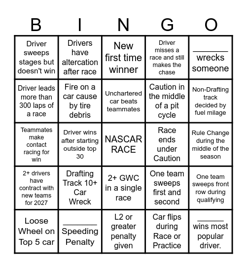 NASCAR 2026 Season Bingo Card