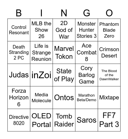 State of Play Bingo Card