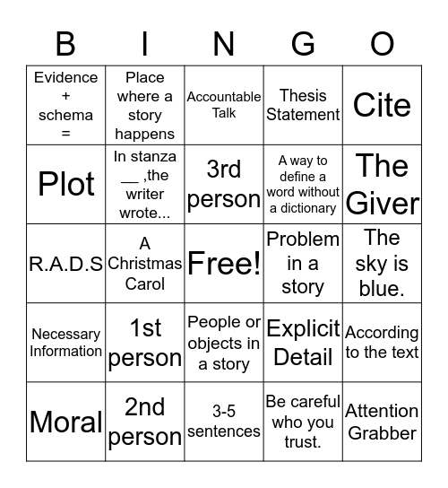 7th Grade ELA 1st Semester Review Bingo Card