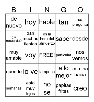 Spanish Words Bingo Card