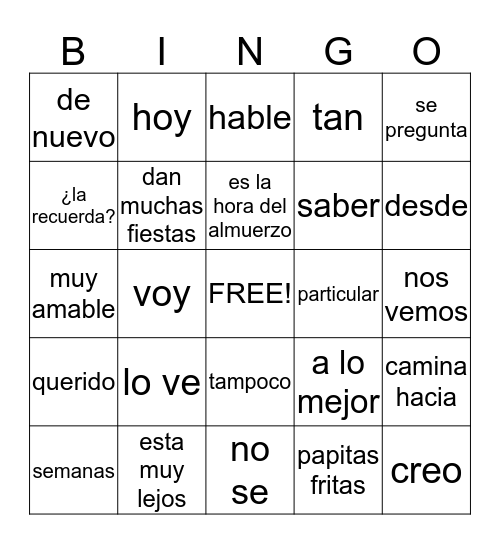 Spanish Words Bingo Card