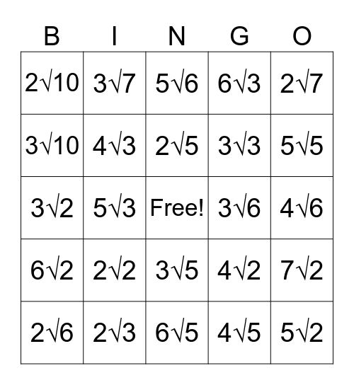 Simplifying Radical Expressions Bingo Card