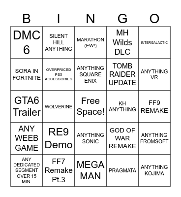 Playstation State of Play (60min) 2/12/2026 Bingo Card