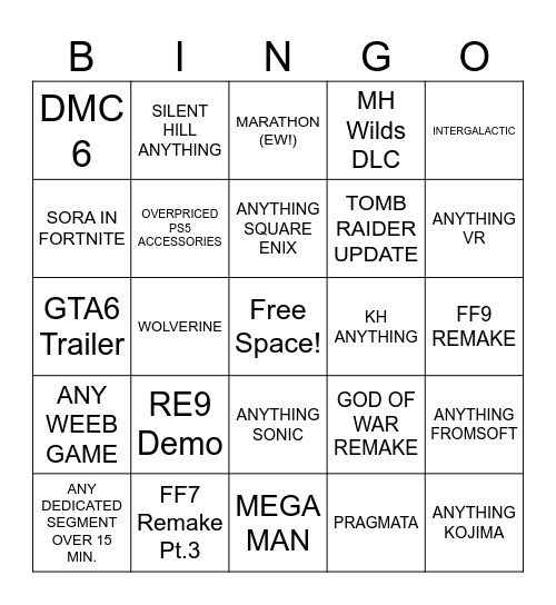 Playstation State of Play (60min) 2/12/2026 Bingo Card