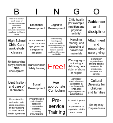 Childcare Training Requirements Bingo Card