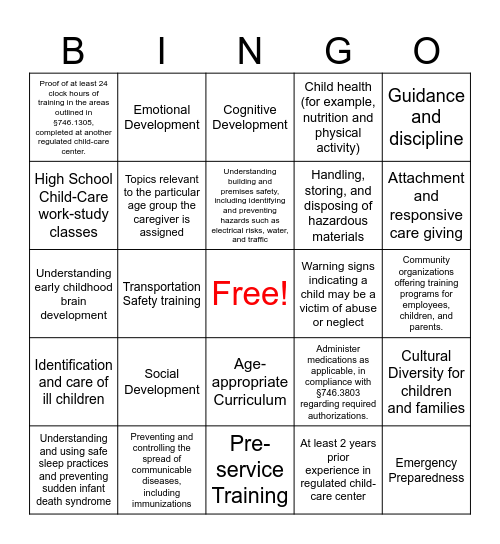 Childcare Training Requirements Bingo Card
