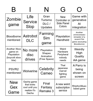 PlayStation State of Play Bingo Card