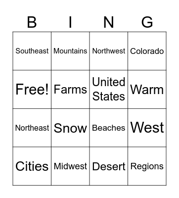 US Regions Bingo Card