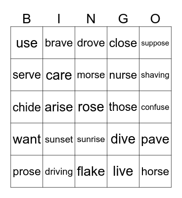 S & V SPELLING and PRONUNCIATION Bingo Card