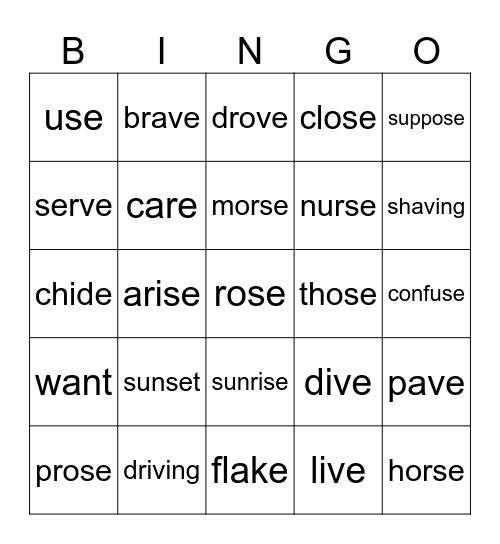 S & V SPELLING and PRONUNCIATION Bingo Card
