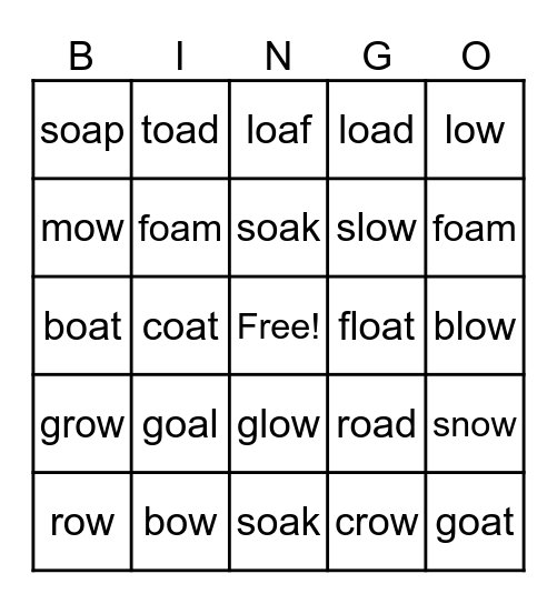 Long o: oa / ow Bingo Card