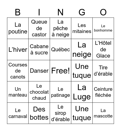 Le Carnaval de Quebec Bingo Card