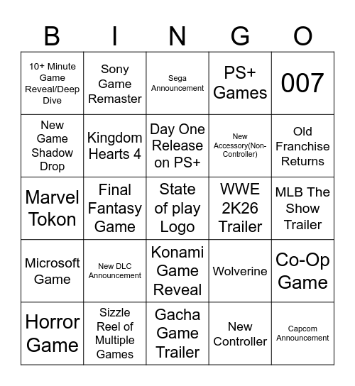 State of Play Bingo Card