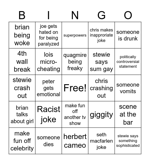family guy Bingo Card
