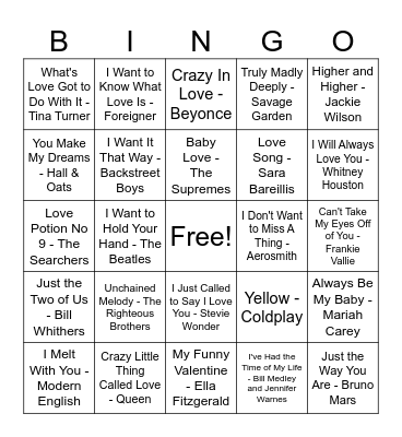 Valentine's Day Songs Bingo Card