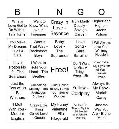 Valentine's Day Songs Bingo Card