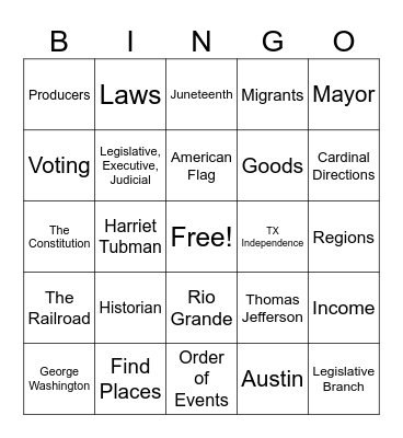 Social Studies Bingo Card