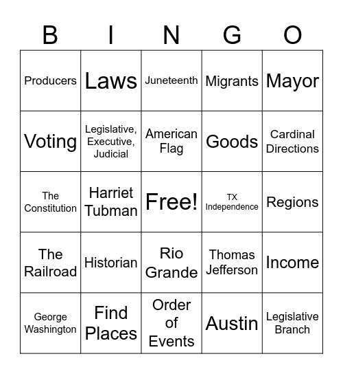 Social Studies Bingo Card