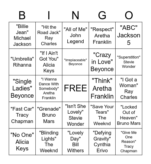 Musical Bingo Card