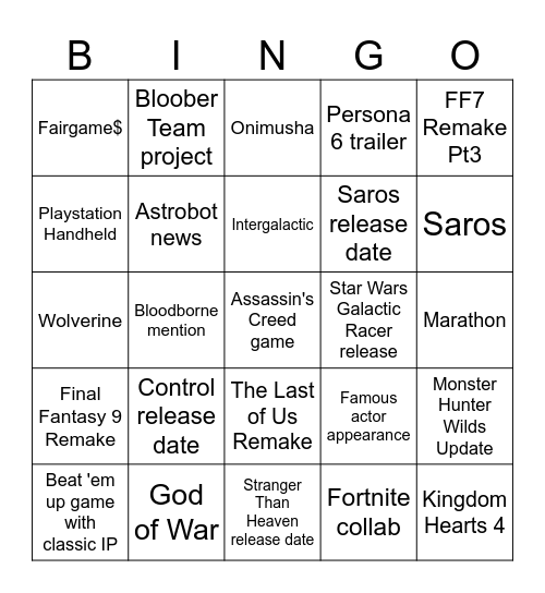 Sony State of Play 2026 Bingo Card