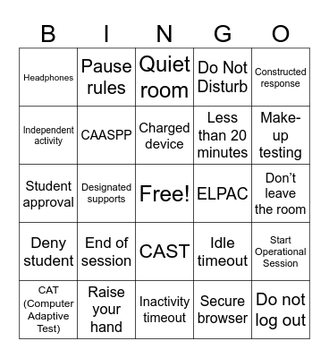 State Testing Bingo Card