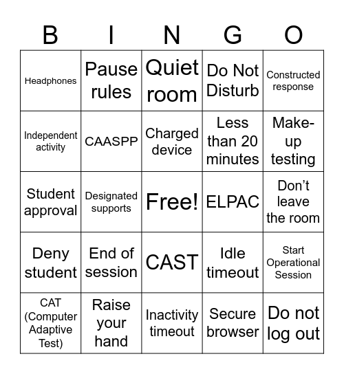 State Testing Bingo Card