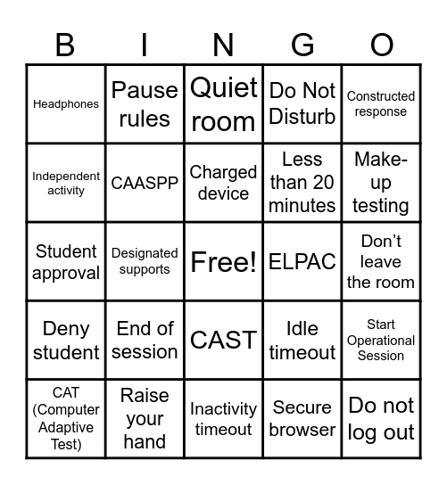State Testing Bingo Card