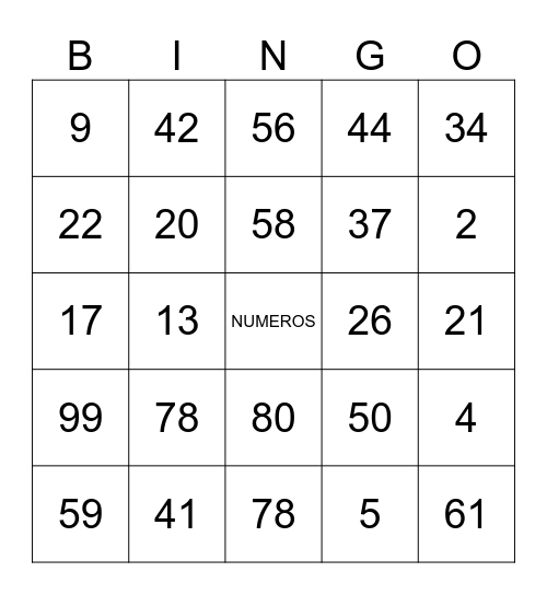 NUMEROS Bingo Card