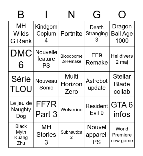 State of Play Bingo Card