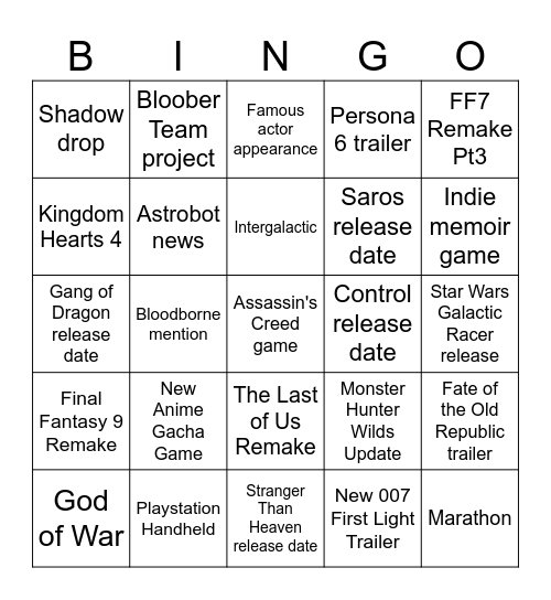 Sony State of Play 2026 Bingo Card
