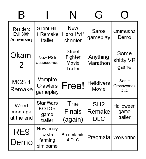 Sony State of Play 2-12-26 Bingo Card