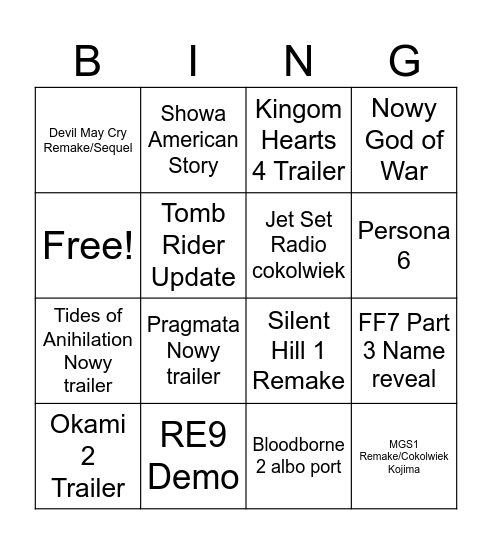 State of Play Bingo Card