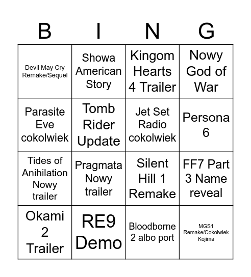 State of Play Bingo Card