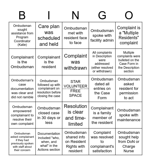 CASE DOCUMENTATION Bingo Card
