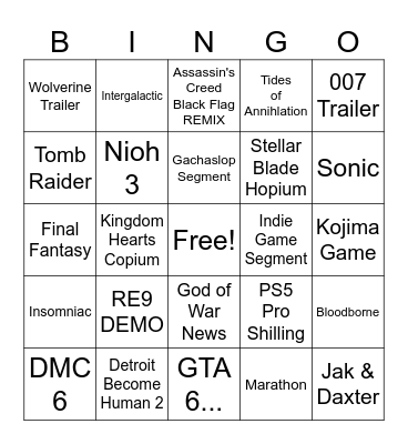 State of Play Bingo Card Bingo Card