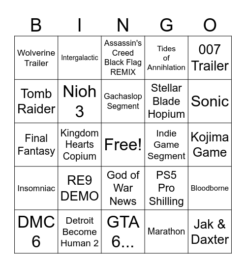 State of Play Bingo Card Bingo Card