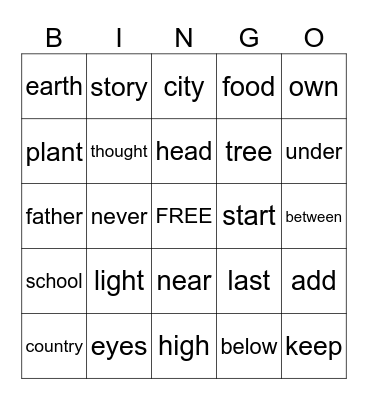 201-225 Bingo Card