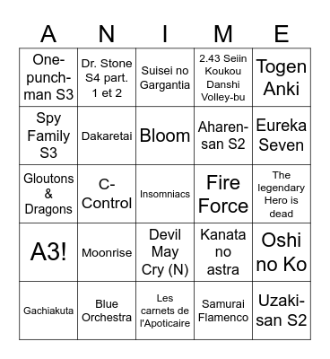 Anime Bingo 2026 Bingo Card